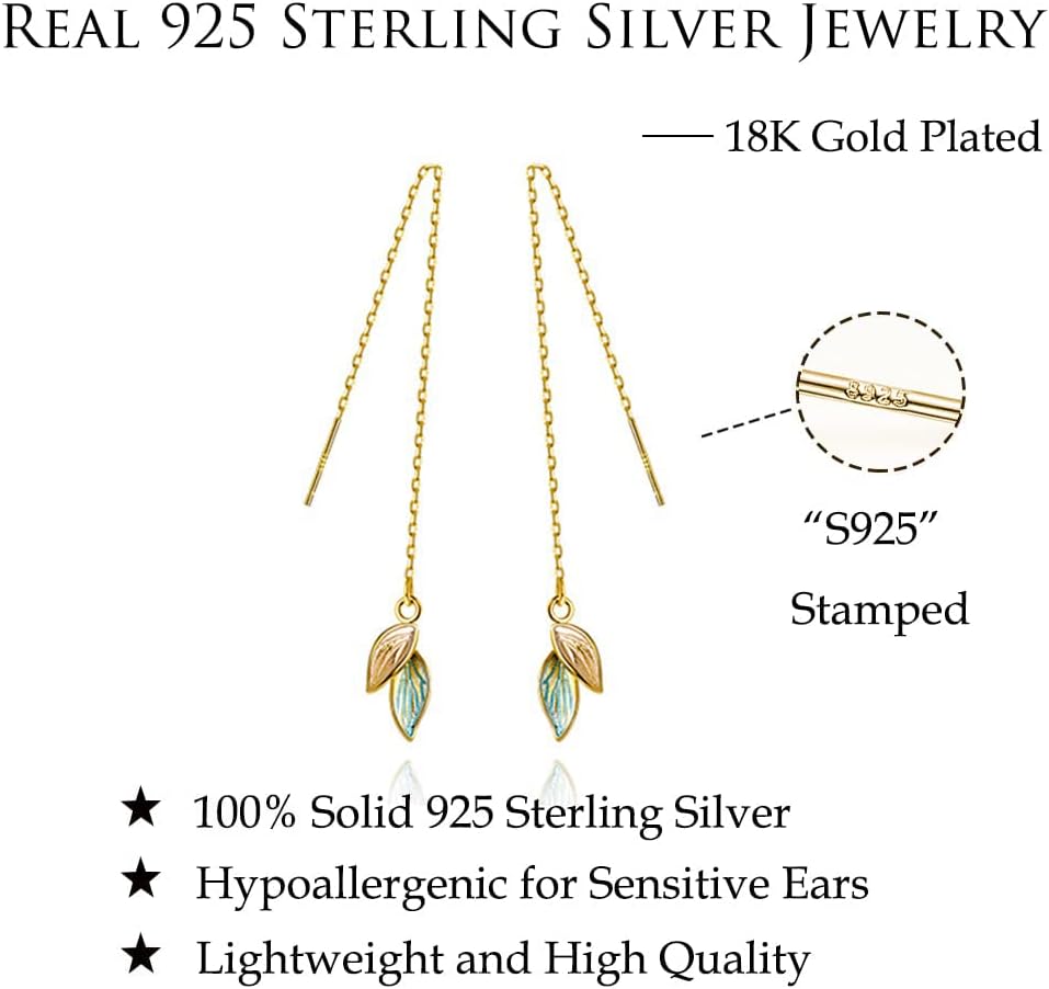 Reffeer Solid 925 Sterling Silver Leaf Chain Dangle Earrings for Women Teen Girls Leaf Dangle Drop Earrings Threader Tassel - Image 6