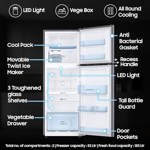 Image of Samsung 236 L, 2 Star, Digital Inverter, Frost Free Double Door Refrigerator (RT28C3032GS /HL, Gray Silver)