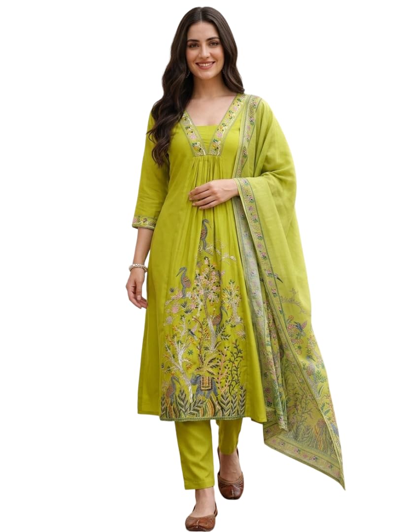 new ethnic 4 you Women's Rayon Slub Embroidered Kurta Pant with Dupatta Set-picture-12