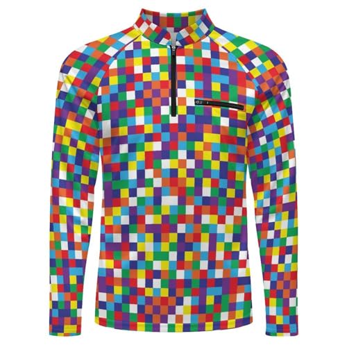 Mens Long Sleeve Mesh Fishing Shirts Rainbow Color of Checkerboard Rash Guard Fishing Tshirt Sun Protection Tee4