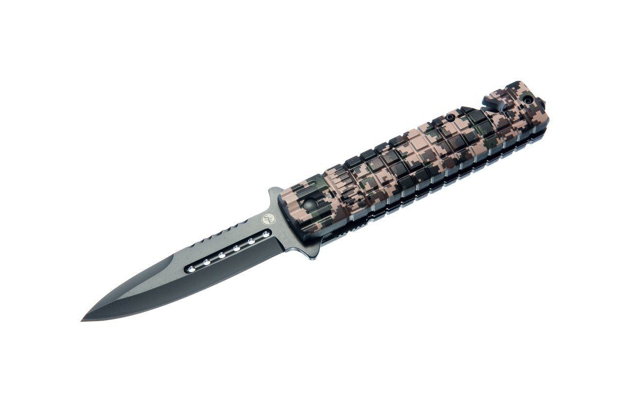 SE Spear Point Folding Knife with Seatbelt Cutter and Window Breaker with Desert Digital Camo Design - KC-J9082DCMC