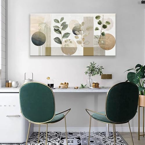 Image of Green Boho Wall Art Minimalist Canvas Green Wall Art Decor For Living Room Geometric Line Leaf Beige Canvas Artwork Print Paintings Botanical Pictures for Bedroom Office Home Wall Decor 20 inchX 40 inch