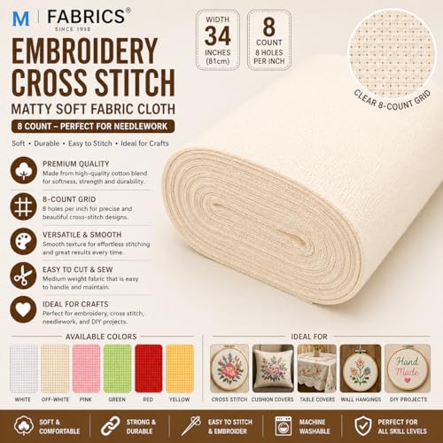 Image of M Fabrics 3 Meters Cream Aida Matty Fabric 8 Count 34 Inch Width | Cotton Cross Stitch Embroidery Cloth Soft Needlework Fabric for Cushion Covers Table Covers Craft Sewing - 3 Meters Cream