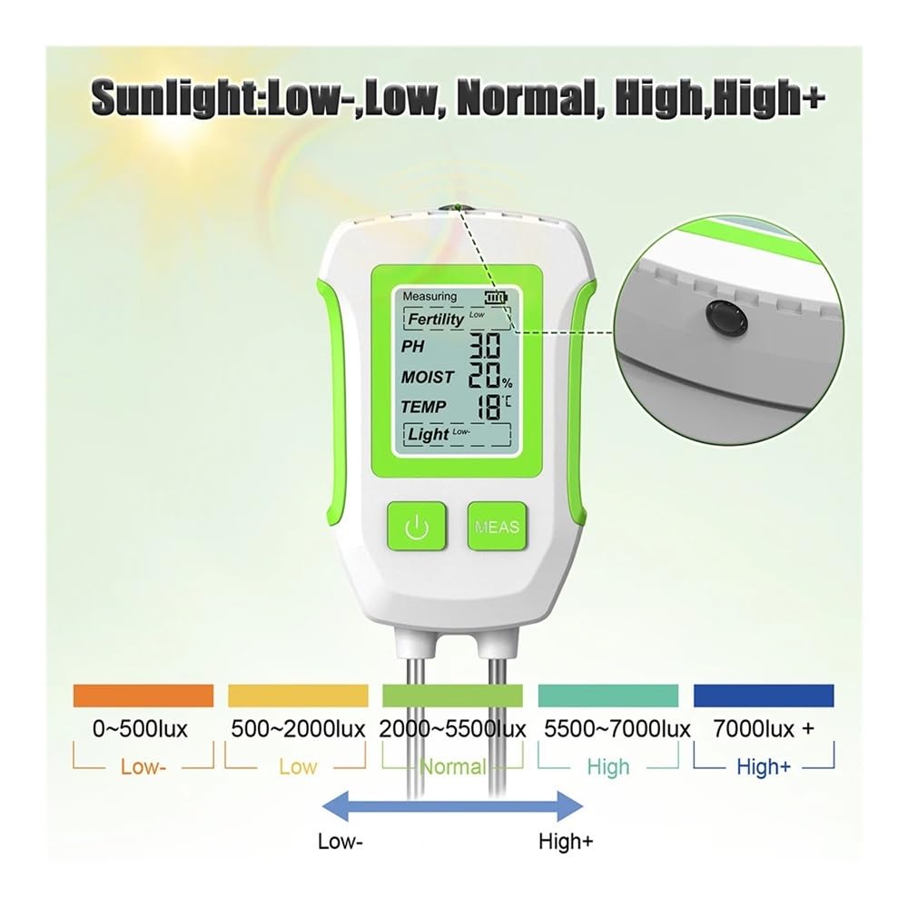 Tester del suolo 5 in 1, misuratore digitale di umidità, pH, fertilità, temperatura della luce solare(Black)