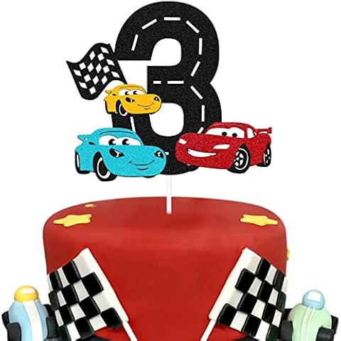 Race Car 3rd Cake Topper for Racing Car Checkered Flag Themed Kids Boy Girl 3th Years Old Happy Birthday Party Supplies Double Sided Cover