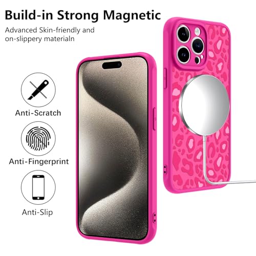 Image of KANGHAR Case for iPhone 15 Pro Max Hot Pink Leopard Printed Pattern | [Compatible with Magsafe] Protective Magnetic Case for Girls Women 6.7 inch