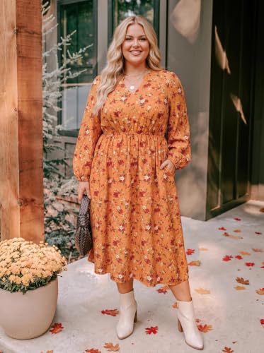 Image of TIYOMI Womens Plus Size Dresses Fall Long Sleeve Maxi Dresses V Neck Floral Spring Party Dress with Pockets XL-5XL (14W-28W)