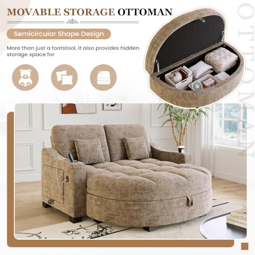 Image of 60 inch Loveseat Chaise Lounge Chair with Ottoman, Tufted Chenille Chaise Sofa with Storage & Adjustable Back / Side Table / USB Charging, Cozy Reading Lounge Chair and A Half for Living Room, Office, Khaki