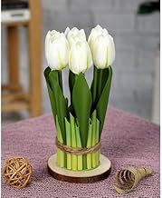 Generic Artificial White Tulip Bouquet with Wooden Base, Realistic Faux Flowers for Home and Office Decor, 6 Stems .bar