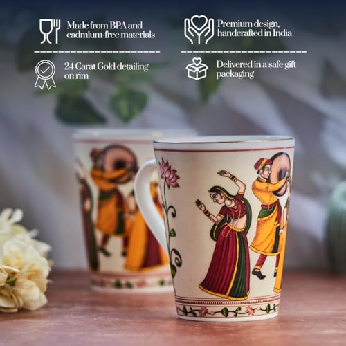 Image of GOLDEN QUEEN'S Mugs Set Of 2 For Coffee, Tea, Milk - Ideal For Your Daily Beverage Ritual, Hosting & Casual Gatherings | 24 K Gold On Rim - Dance Of Harmony, 300 Ml