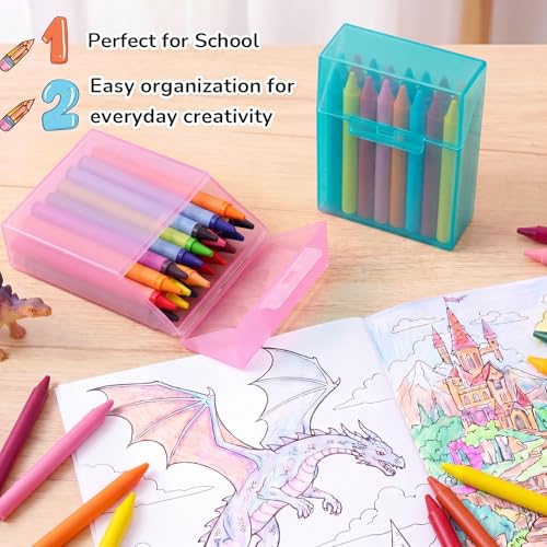 Image of Clabby 4 Pcs Clear Plastic Crayon Boxes Hold 24 Count, Teal,Pink | Organizer Box, Case, Colorful, Portable Storage Holder with Snap Lid, for Kids Boys Girls School Classroom Home Art Supply