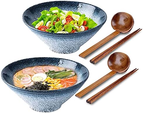 2 Set Tableware Ceramic Ramen Bowl - Japanese Noodles Bowls Dinner Sets for Pasta Soup Pho Mixing Salad Dishes Snack cereal Food with Spoons Chopsticks Kit 1000 Ml for New Home House Warming Gifts