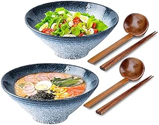 2 Set Tableware Ceramic Ramen Bowl - Japanese Noodles Bowls Dinner Sets for Pasta Soup Pho Mixing Salad Dishes Snack cereal Food with Spoons Chopsticks Kit 1000 Ml for New Home House Warming Gifts