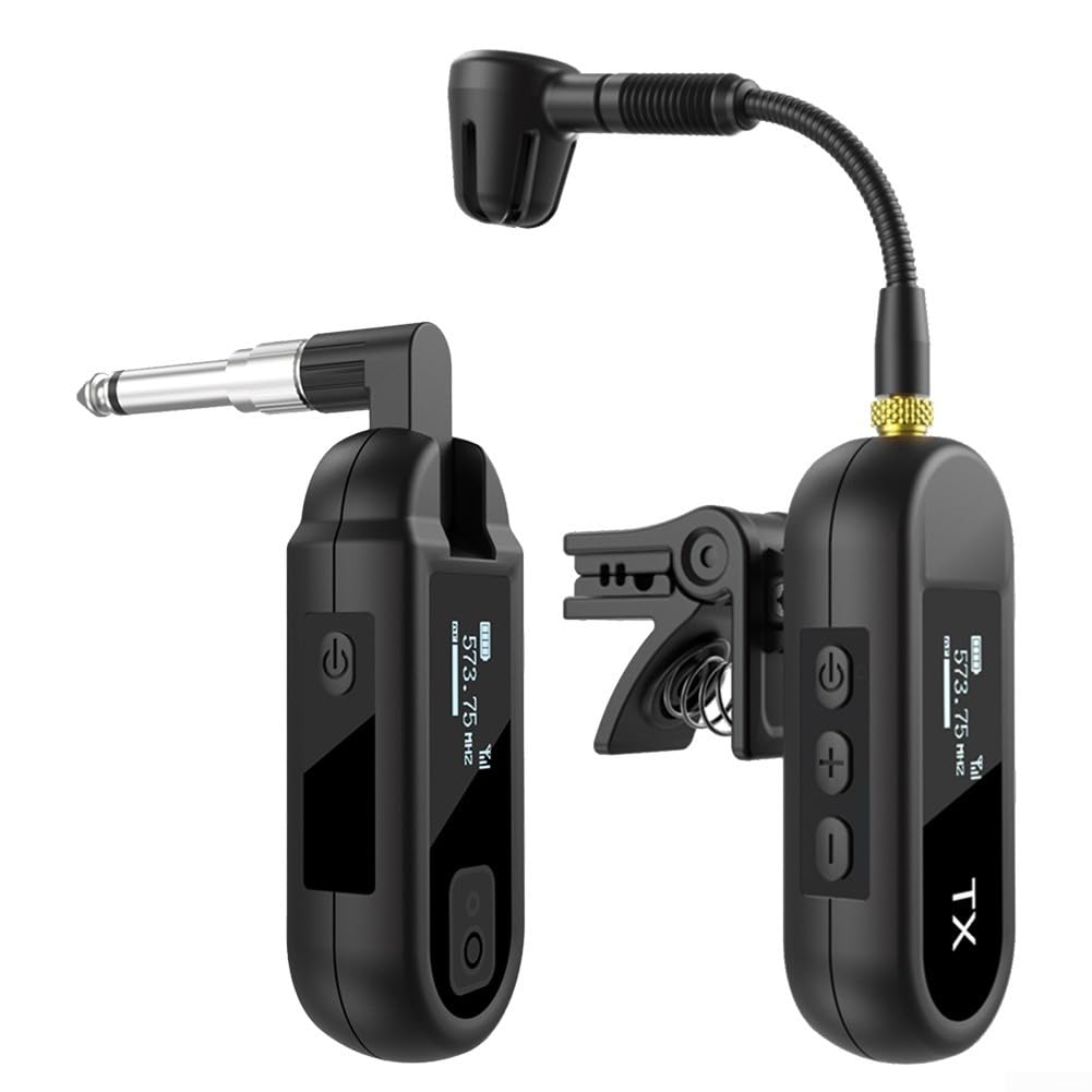 Sistema microfonico wireless Uhf per sassofono con On per tromba e strumenti a corno, trasmissione a lungo raggio fino a 30 metri, set trasmettitore e ricevitore ricaricabile, colore nero (da 1 a 1)
