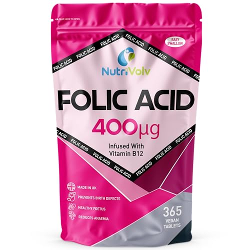 Folic Acid Tablets 400mcg | 365 Vegan Vitamin B9 Tablets | Added Vitamin B12 | 12 Month Supply | Pregnancy & Prenatal Care | Normal Maternal Tissue Growth | Reduce Tiredness & Fatigue | Women's Health