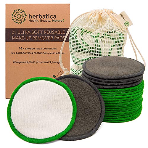 Reusable Makeup Remover Pads - Pack of 21 Reusable Cotton Rounds with Laundry Bag - Washable Bamboo Makeup Remover Pads - Eco Friendly Organic Cotton Pads for all Skin Types