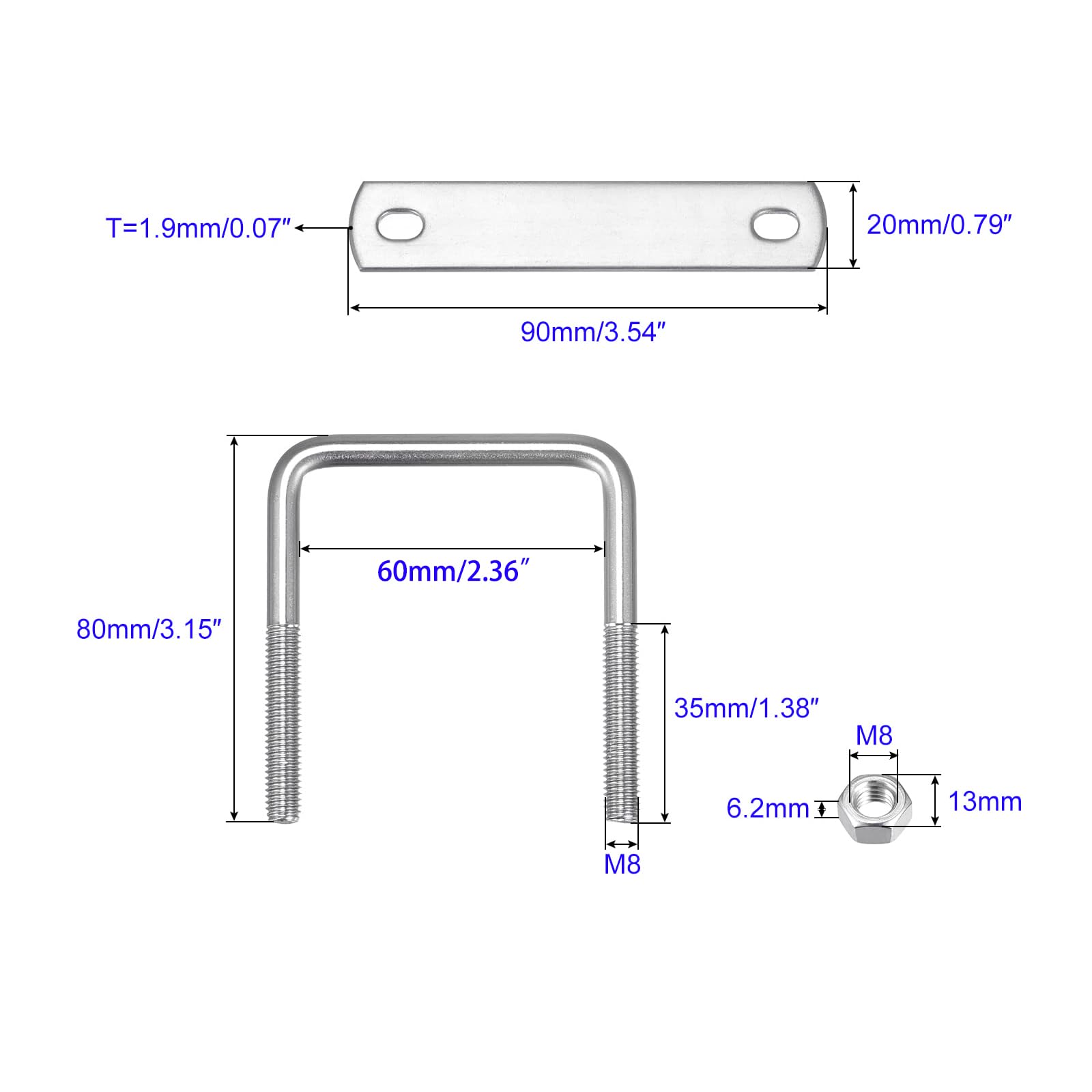 MACHSWON Square U-Bolt,2 Set 304 Stainless Steel M8 U Bolts 60mm(2.44") Inner Width 80mm Length with Nuts and Frame Plate for Automobiles Boat Trailer - Image 2