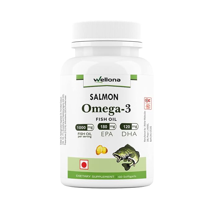 Wellona Omega 3 Fish Oil Capsules For Men And Women 1000 Mg (180 Mg EPA And 120 Mg DHA) with other Omega 3 Fatty Acids for Health Heart, Brain and Joint Support Supplements 60 Softgels