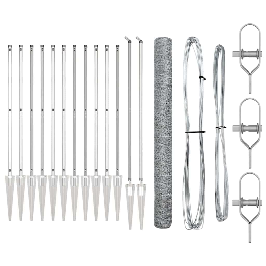 Fence Post Silver 25 x 1.6 m 36 mm Mesh Steel Outdoor Garden Security Barrier Kit Weather Resistant Corrosion Proof Easy Assembly 26 Spike Posts Included