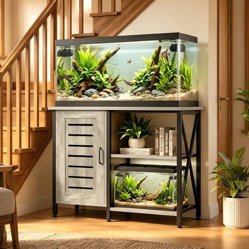 Image of Herture 40-50 Gallon Fish Tank Stand, Aquarium Stand with Cabinet Accessories Storage, Heavy Duty Metal Frame, 40.55 inch L*18.89 inch W Tabletop, 1000LBS Capacity, Greige PG02YGZ
