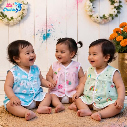 Image of Lil' Shark Muslin Cotton Frock Jhabla Set for Newborn Baby Girls | Sleeveless Vests | Summer Baby Dress 0-12 Months | Breathable Clothes | Assorted Prints