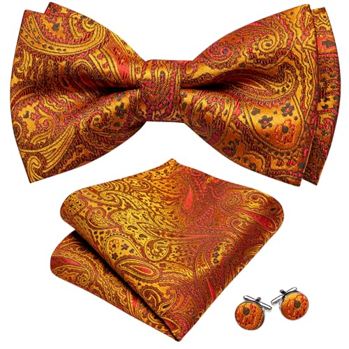 Image of YOHOWA Paisley Striped Men Bow Tie Pre-Tied Formal Adjustable Colorful Bowties Handkerchief Cufflinks Set Wedding Party