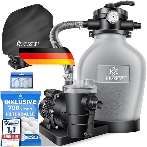 KESSER® Sandfilteranlage Sandfilter + 700g Filterbälle ersetzen 25kg Filtersand 7-Wege Ventil mit Druckanzeige Poolfilter 10 m³/h Filteranlage Filterkessel für Pool 10.200 L/h, Inkl. Wettercover, Grau