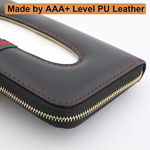 Cartisen Car Tissue Holder, Sun Visor Tissue Holder, Car Visor Napkin Holder, PU Leather Backseat Tissue Case Holder for Car Vehicle with Zipper (Black & Red Line)