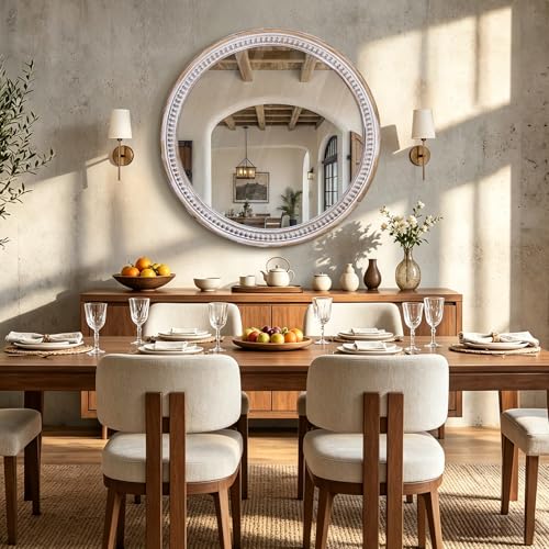 Image of HOITUZYUS 36 Inch Round Mirrors for Wall Decor, Wood Frame Farmhouse Style | HD Tempered Glass, Warm Rustic Charm, Ideal for Bathroom, Bedroom, Entryway, Vanity, and Living Room Decor