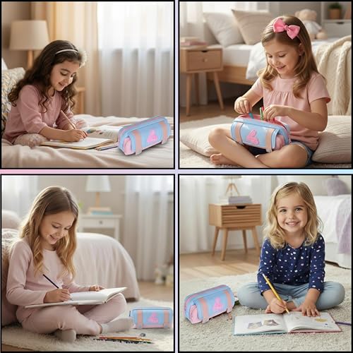 Image of Pencil Cases Large Capacity Pencil Bag Pouch Holder Box for Girls Kids Office Students Organizer School Stationery Supplies (Sky Blue + Pink)