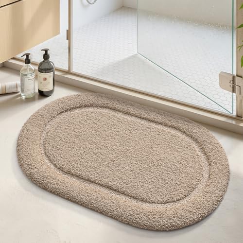 Image of Color&Geometry Oval Beige Bathroom Rugs 43x24, Extra Soft Absorbent Microfiber Bath Rugs, Non-Slip Bathroom mat, Washable Plush Bath Mats for Bathroom, Shower, Bathtub, Laundry, Beige