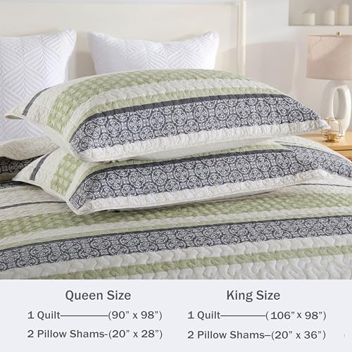 Image of Homzard King Size Quilt,Cotton King Size Bedding Comforter Set,Sage Green Beige Grey Bedspread Set,Striped Bed Set Coverlet Lightweight Farmhouse Home Decor 3 Piece