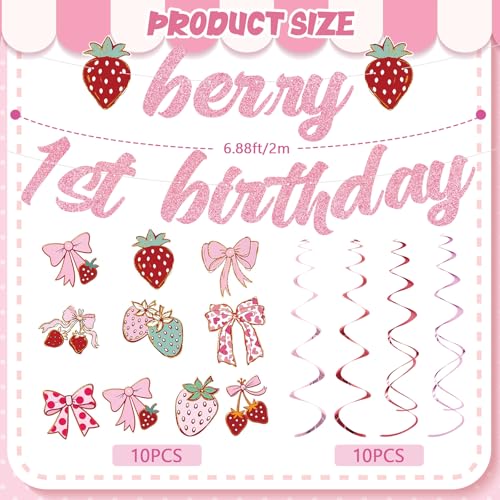 Image of Yunlly Berry First Birthday Party Decorations Strawberry Coquette Bow Hanging Swirls Berry 1st Birthday Banner Disco Balloon Rodeo Bachelorette Decor Supplies for Baby Shower Party Favors