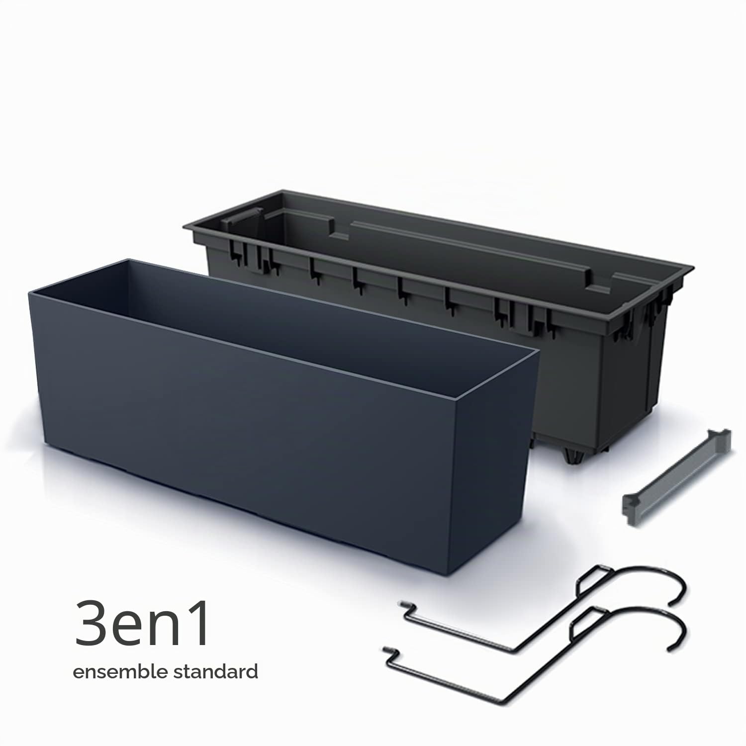 IMJ-Global Lot de 3 pots à fleurs rectangulaires Urbes en plastique 58 x 18,5 x 19,5 cm pour intérieur extérieur noir volume 18 litres design moderne
