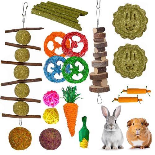Lisetar Lot de 21 jouets pour lapin, jouets naturels à mâcher pour lapin, hamster, cochon d'Inde et chinchilla, bâtonnets de foin de timothée en bois de pomme pour animaux de compagnie en dents de