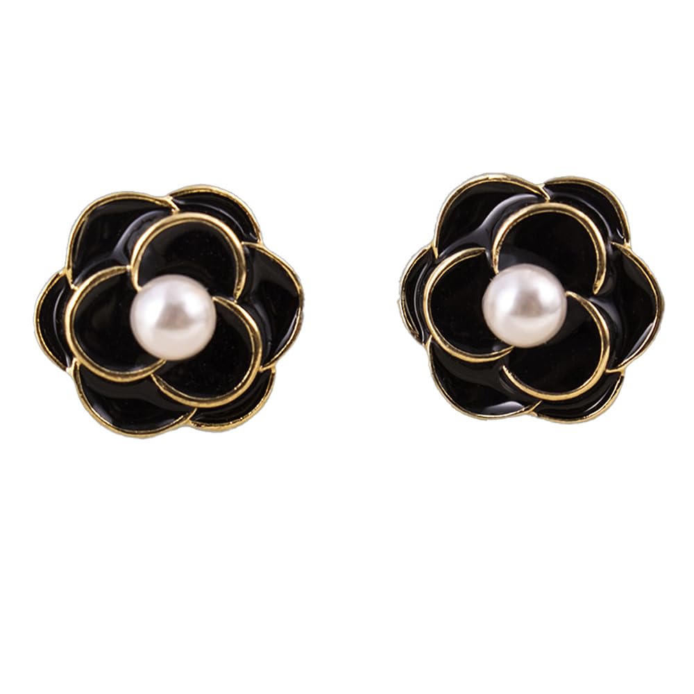 Channel V Vintage Black Rose Earrings Silver Post for Women Black White Flower Small Pearl Earring for Birthday Valentine's Day Gift