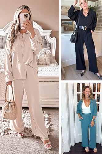 Lepunuo 2 Piece Outfits for Women Casual Lounge Sets Long Sleeve Button Down Shirts and Wide Leg Pants Sets Tracksuit3