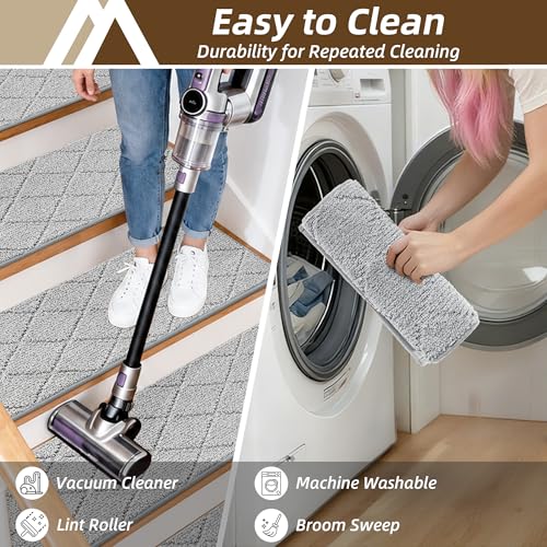 Image of COSY HOMEER Stair Treads for Wooden Steps 11 inchx30 inch Washable Indoor Carpet Stair Treads Non Slip Soft Polyester Stair Carpet Tread Reusable Stair Runner Rugs for Kids, Elders,Pets,Grey,15pcs