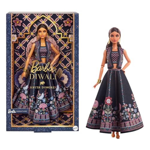 Barbie Muñeca Diwali de Anita Dongre con el Look del Festival de Las Luces, Pieza de colección navideña con Soporte para muñeca y Certificado de autenticidad, HRM91