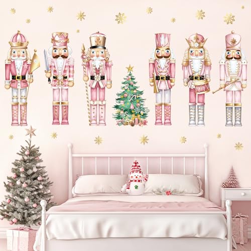 decalmile Christmas Pink Nutcrackers Window Wall Decals Christmas Trees Nutcracker Snowflakes Wall Stickers Living Room Childrens Room Christmas Party Window Wall Decorations - Image 3