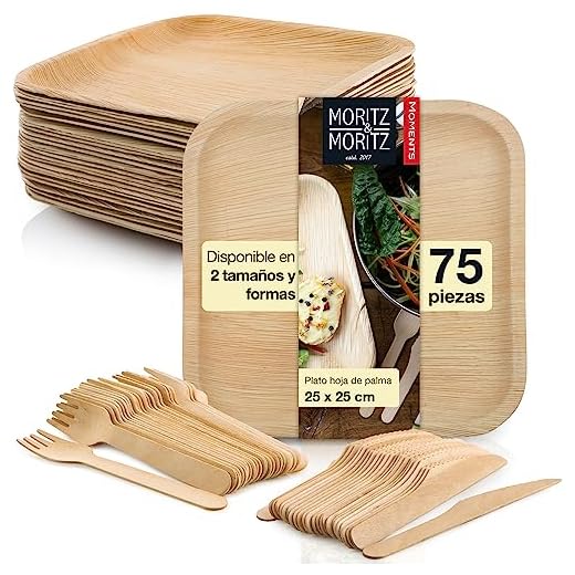 Moritz & Moritz Vajilla de hojas de palmera 75 parte – 25x platos y cubiertos desechables - Vajilla de hoja de palma compostable - Vajilla ecologica desechable alternativa a platos o vajilla de bambú