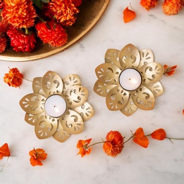 Image of Ascension Set of 2 Golden Lotus Floral Decorative Metal Diyas for Diwali Decor Tea Light Candle Holder for Diwali Decoration Beautiful Decor for Home Temple Festivel Gift for Housewarming