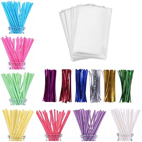 600ct Lollipop Cake Pop Kit Including 200 Lollipop Sticks, 200 Lollipop Bags and 200 Twist Ties, Candy Wrappers Accessories Set Cover