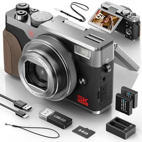 NBD 5K Digitalkamera 64MP mit Autofokus & 18X Zoom & Vlogging-Funktion, F1.8 Nachtsicht, 3' 180° Drehdisplay inkl. 64GB Karte + 2 Akkus (Silber)