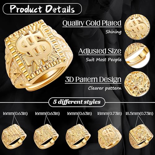 5Pcs 18K Gold Filled Rings Set for Men Women Kanji Rings Rich Luck Wealth Dragon Dollar Rings Set Adjustable Size3