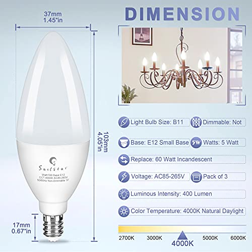 Sailstar Candelabra Light Bulbs 60 Watt Equivalent, 4000K Natural Daylight, 5W E12 Small Base Type B Led Bulbs, 500 Lumens, Chandelier Ceiling Fan Light Bulbs, Cri 85, Non-Dimmable, Pack Of 3 #TOP3