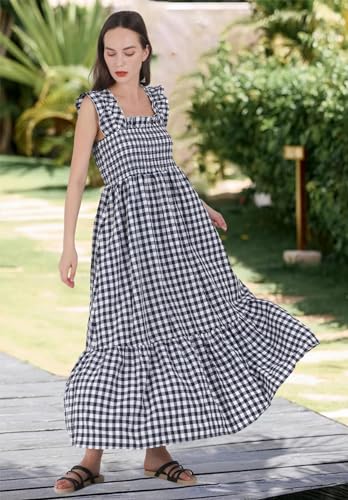 Image of chouyatou Women's Retro Plaid Smocked Dress Spaghetti Strap Flounce Long Dress