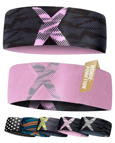 Dünnes Stirnband Kinder mit Wendefunktion - ultraleichtes Sport Stirnband für Jungen und Mädchen - elastisch & atmungsaktiv unter dem Helm - Kinder Stirnband 4-14 Jahre (rosa/schwarz)