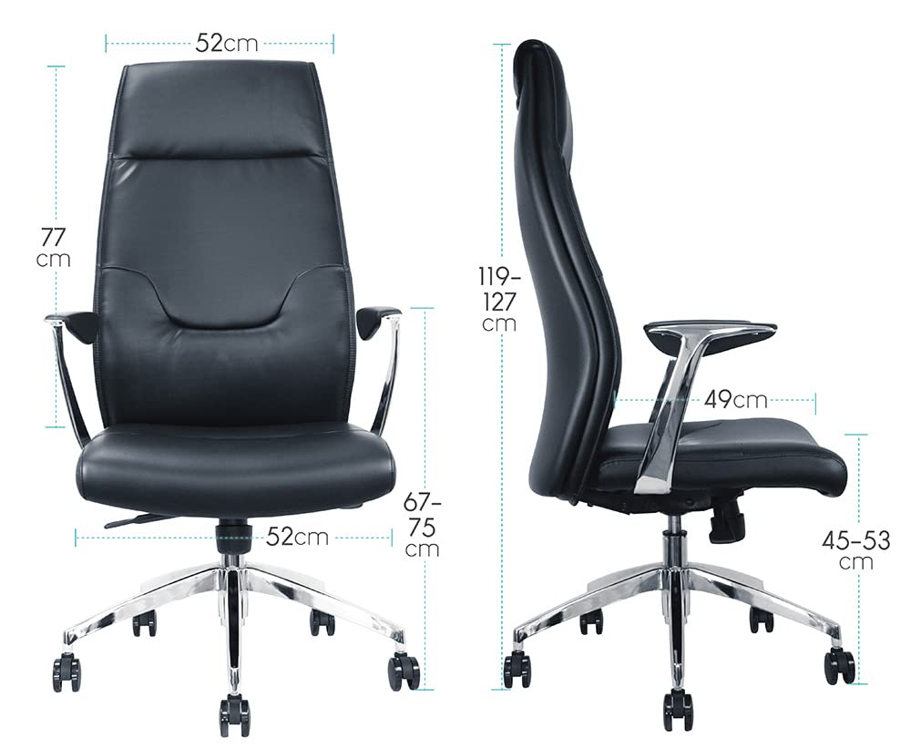 Waytex Fauteuil de Bureau Direction Confortable, Dossier Haut en Simili Cuir Anti-Abrasion, Accoudoirs en Aluminum Poli et Manchettes Simili Cuir, Pied Aluminium