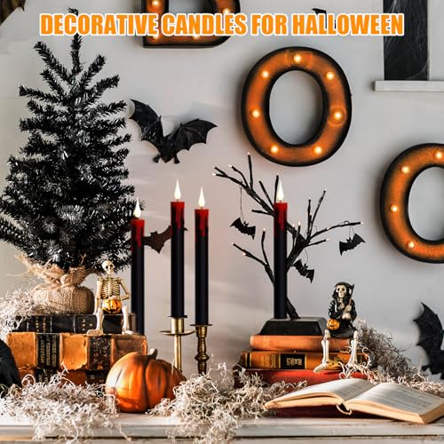Image of GenSwin Halloween Black Taper Flameless Candles Battery Operated with Remote Timer, 4 Pcs Drip Wax Flameless LED Candle Sticks with 3D Flickering Flame for Window Fireplace Decor (0.78 x 8.9 inches)